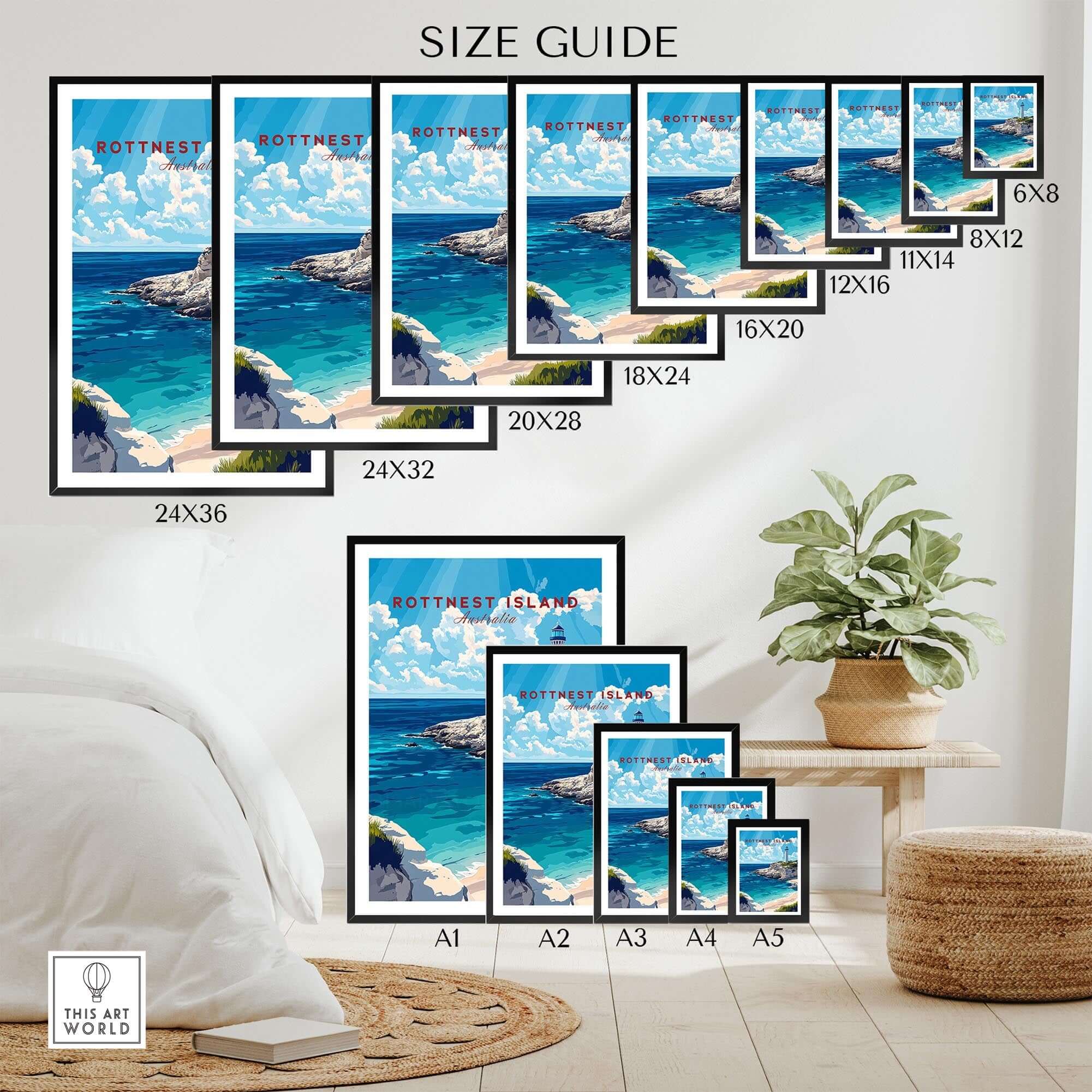 Size guide for Rottnest Island Wall Art showcasing multiple frame sizes and designs on an elegant display.