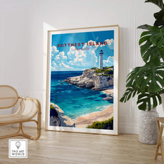 Stunning Rottnest Island Wall Art featuring a vibrant coastal scene with a lighthouse and ocean.