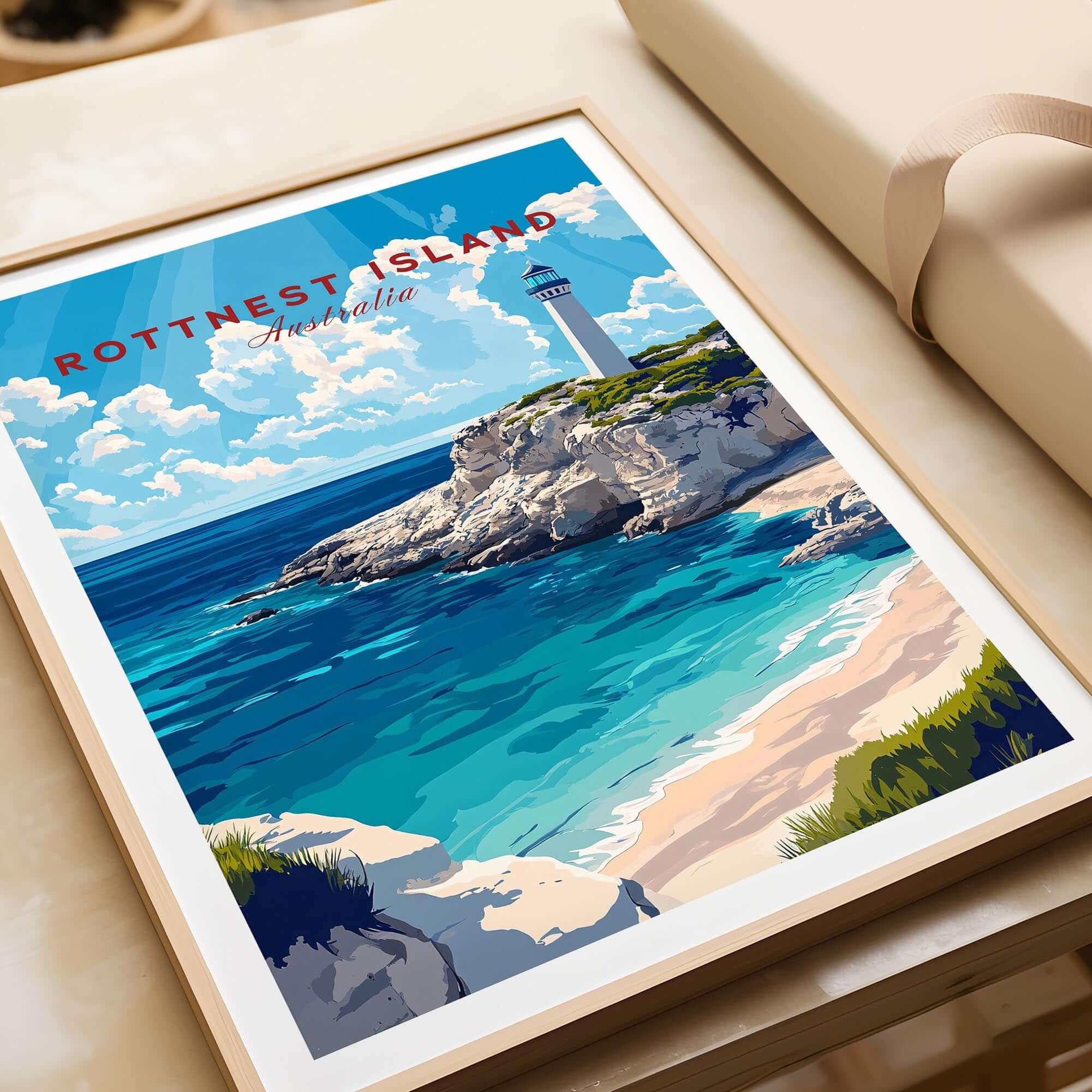 Rottnest Island Wall Art featuring a scenic lighthouse and beautiful coastline in Australia.