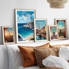 Rottnest Island Wall Art featuring stunning coastal scenery and travel posters in a stylish home setting.
