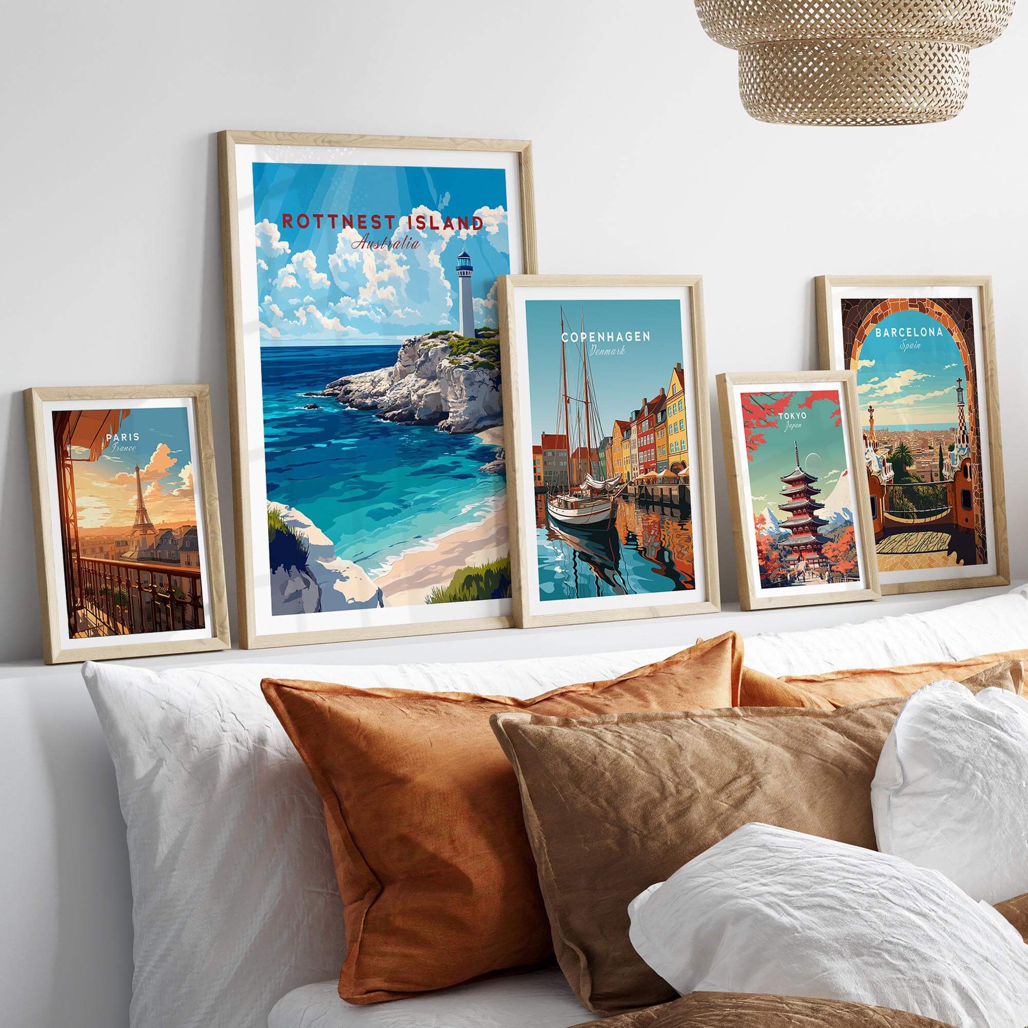 Rottnest Island Wall Art featuring stunning coastal scenery and travel posters in a stylish home setting.