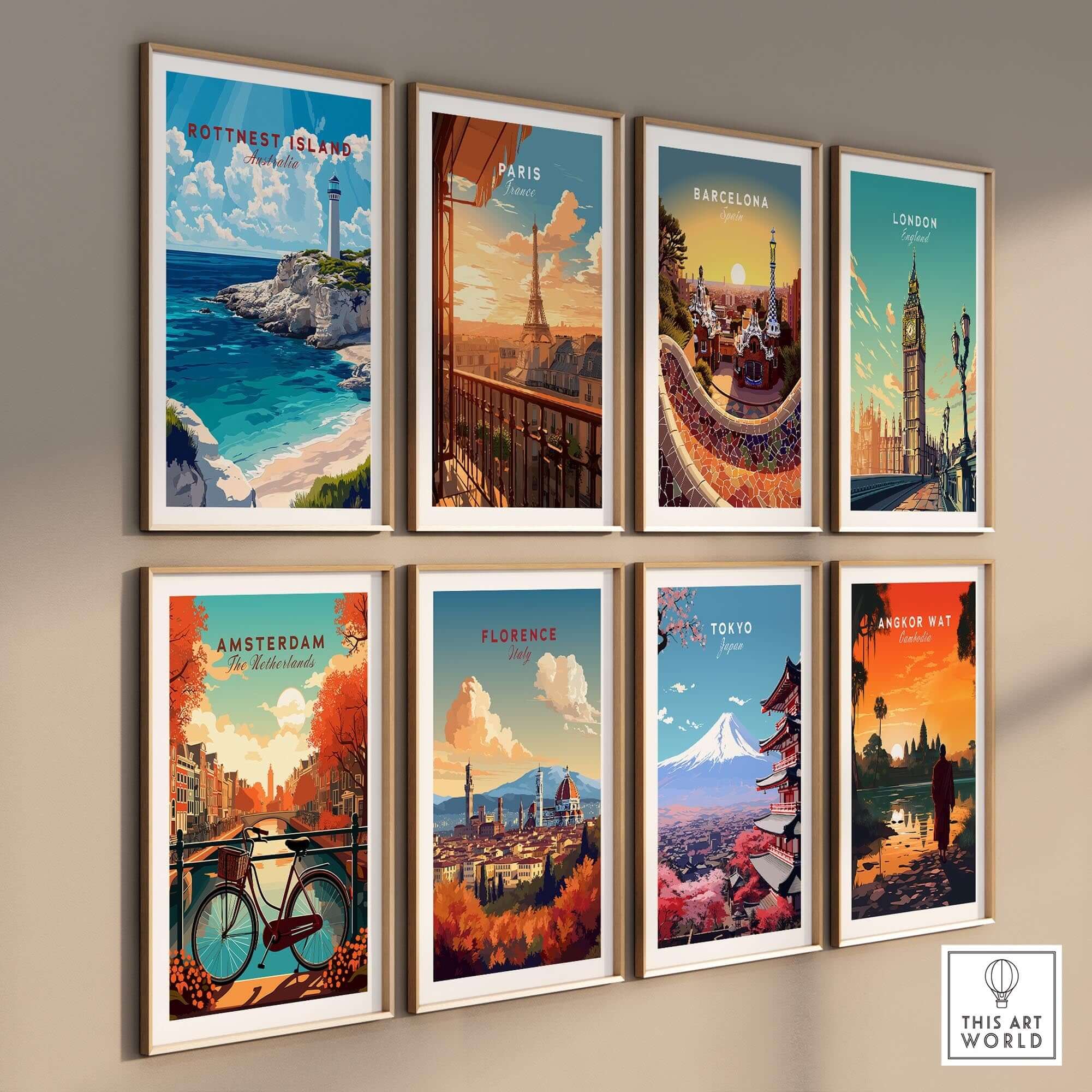 Rottnest Island Wall Art collection featuring travel posters of iconic cities.