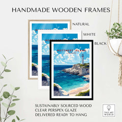 Handmade wooden frames in natural, white, and black for Rottnest Island Wall Art, sustainably sourced and ready to hang.