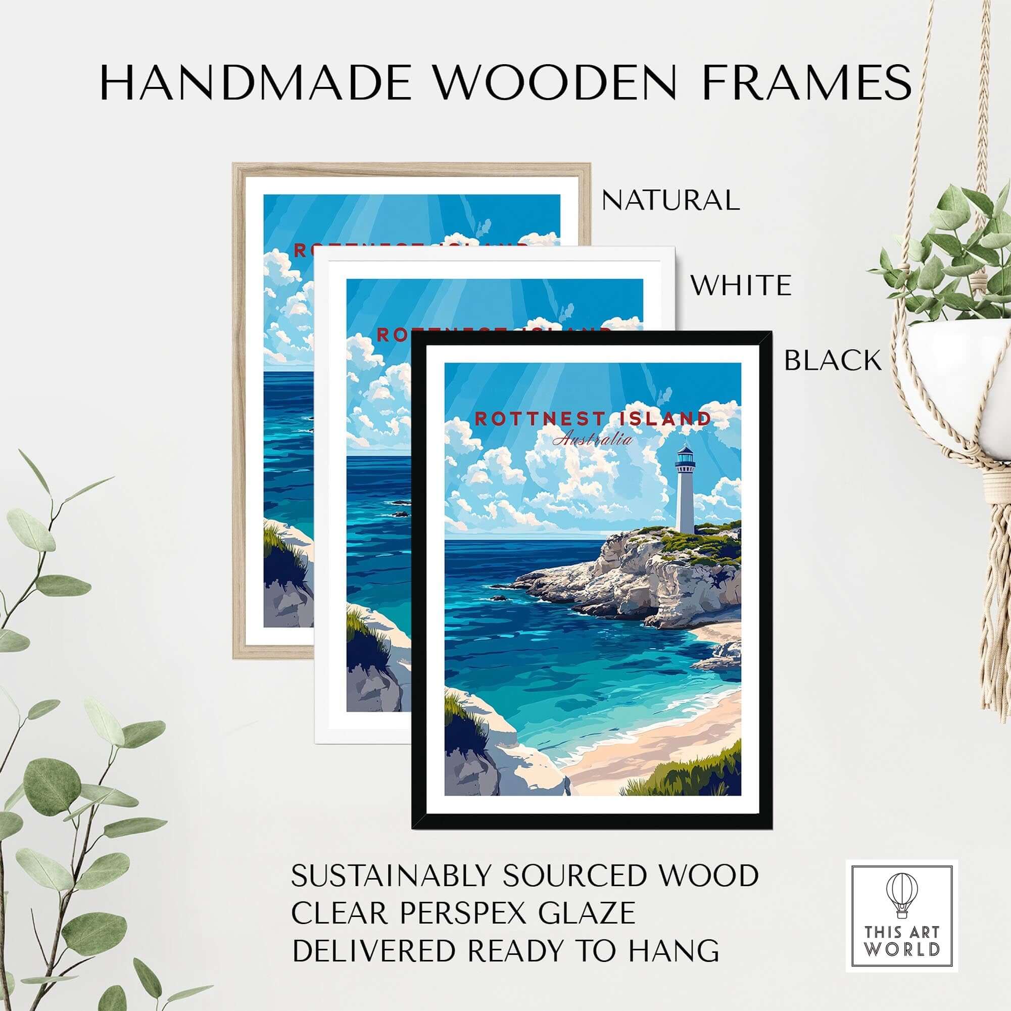 Handmade wooden frames in natural, white, and black for Rottnest Island Wall Art, sustainably sourced and ready to hang.