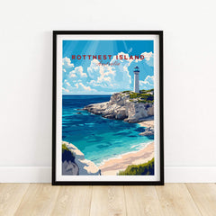 Rottnest Island Wall Art featuring a vibrant scenery of the island with a lighthouse and beach, perfect for home decor.