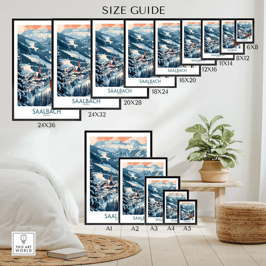 Saalbach Ski Poster Austria size guide featuring various dimensions, showcasing a scenic mountain landscape in multiple frames.