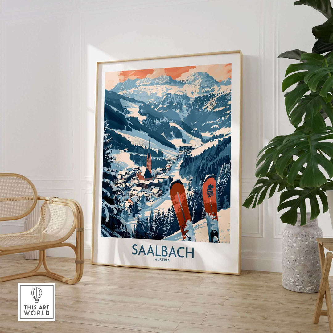 Saalbach Austria ski poster showcasing stunning mountain scenery, perfect for ski enthusiasts and art lovers.