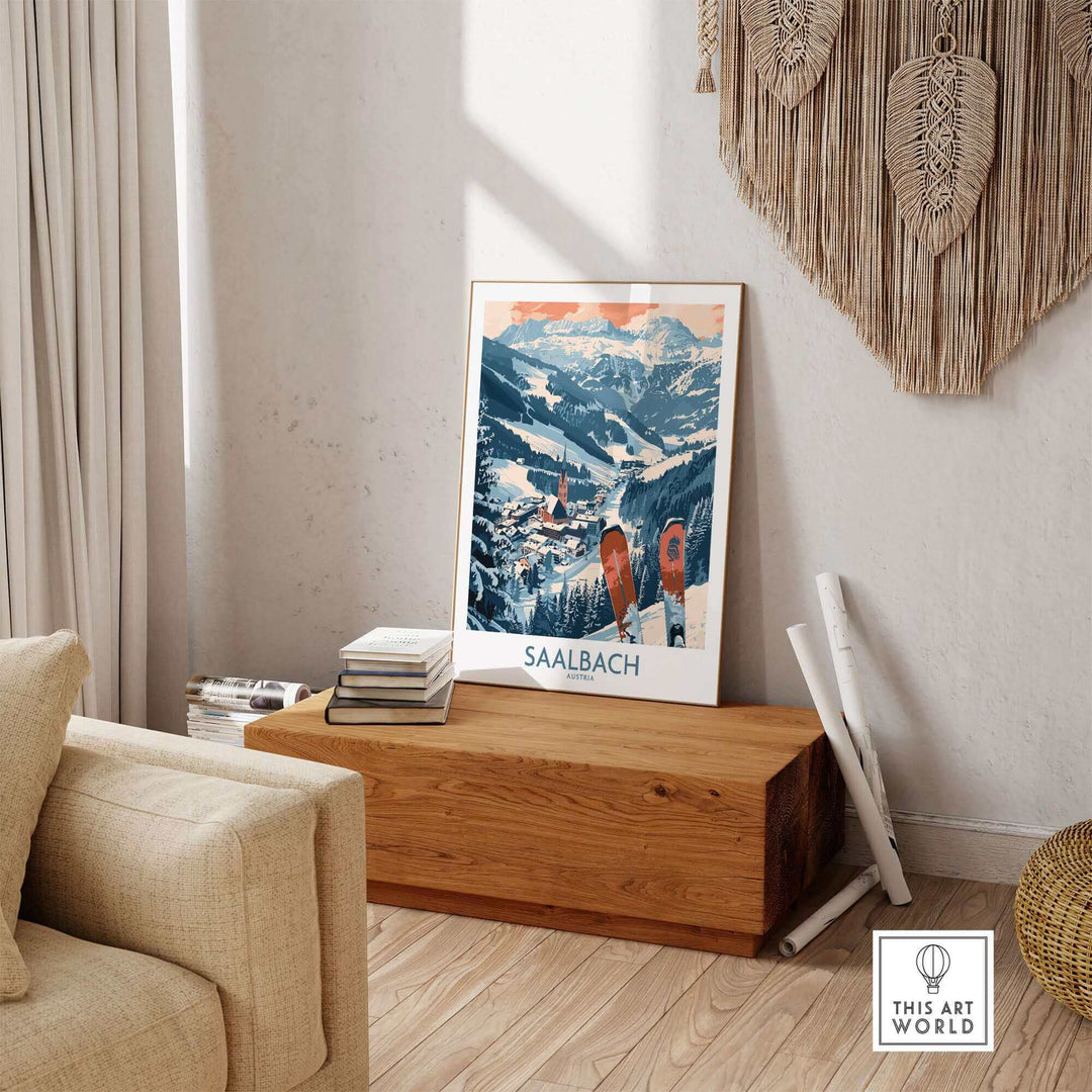 Saalbach Austria ski poster displayed in a cozy living room setting, showcasing scenic mountain views.