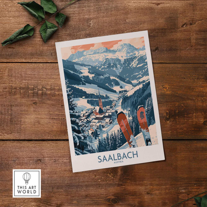 Ski Poster of Saalbach, Austria featuring snowy mountains and scenic village, perfect for ski enthusiasts and art lovers.