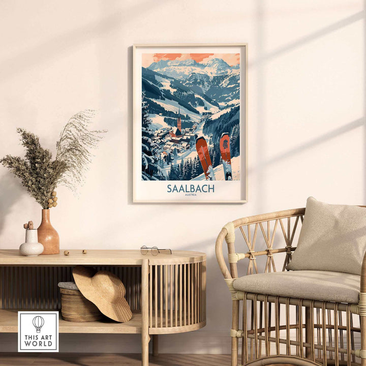 Saalbach ski poster depicting an Austrian winter landscape, framed on a wall in a cozy living space.