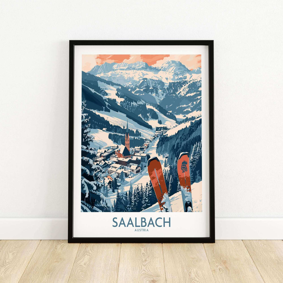 Saalbach Austria ski poster featuring snowy mountains and vibrant skis, perfect decor for ski enthusiasts and winter sports lovers.