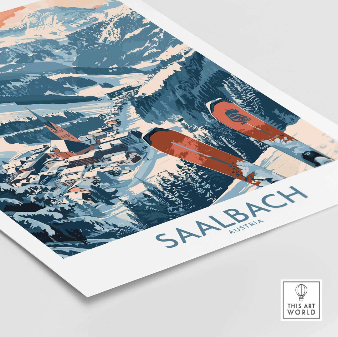 Saalbach Austria ski poster featuring a vintage-style illustration of snowy mountains and a quaint village.