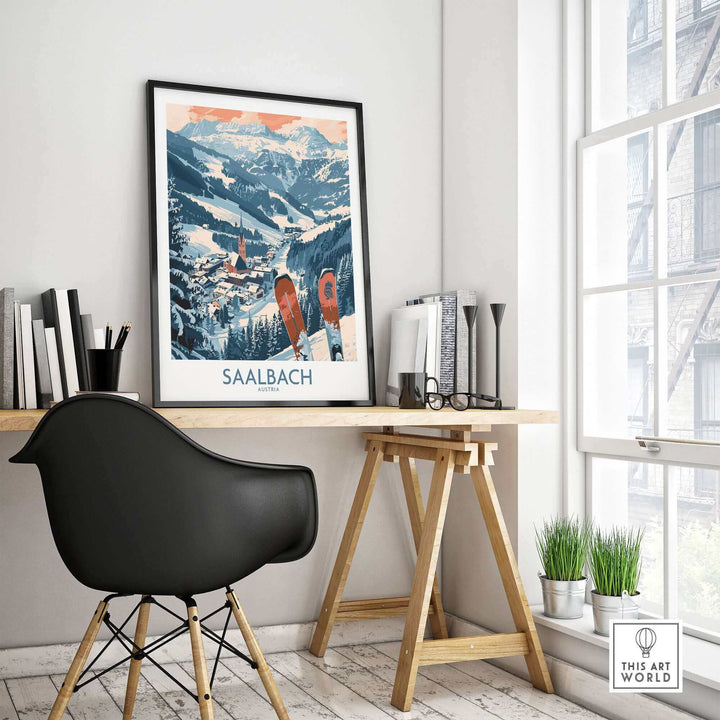 Saalbach ski poster in modern home office setting with scenic Austrian mountain view.