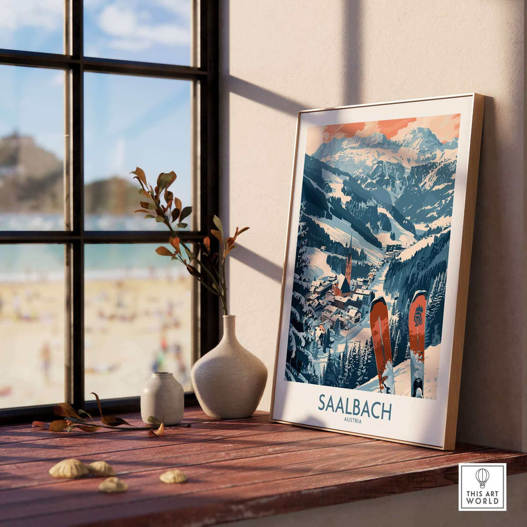 Saalbach ski poster in elegant frame, showcasing Austrian mountains, placed on sunlit windowsill with decorative vases.