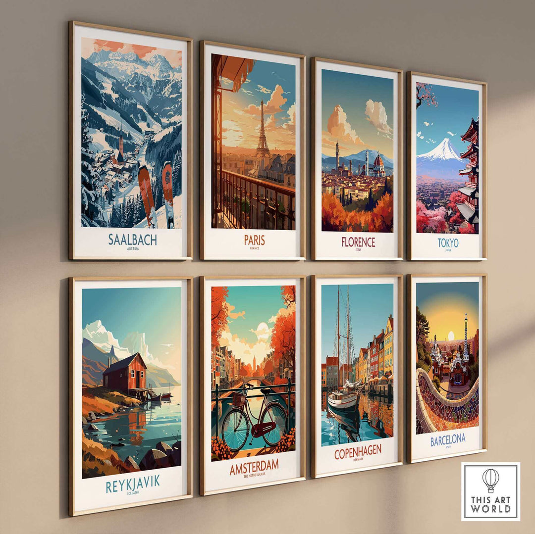 Collection of travel posters featuring Saalbach, Paris, Florence, Tokyo, Reykjavik, Amsterdam, Copenhagen, and Barcelona wall art display.