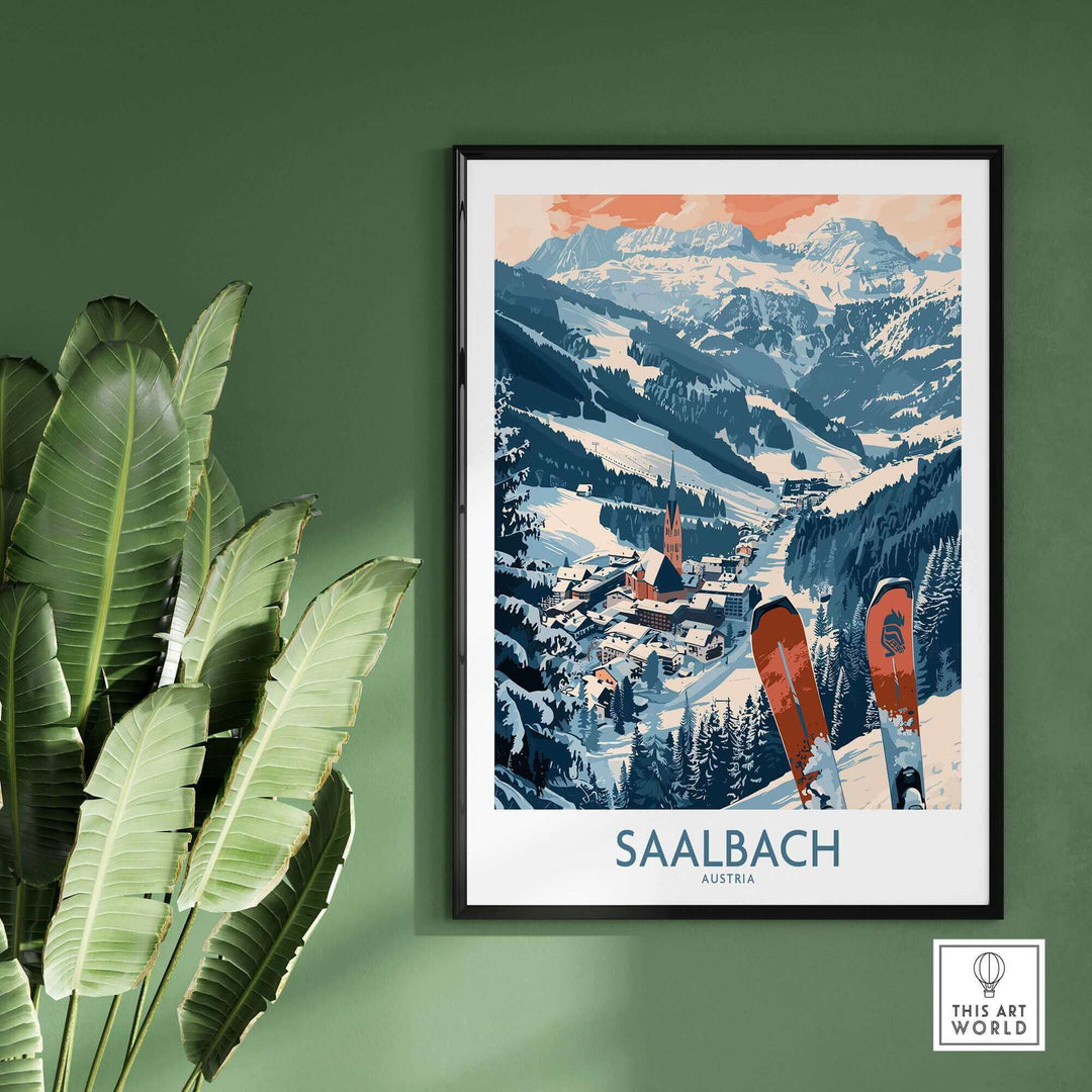 Saalbach Austria ski poster featuring snowy mountain landscape with skis in foreground, framed on a green wall.