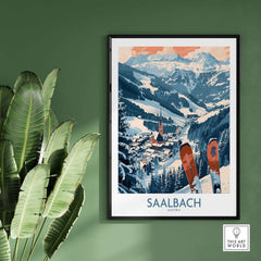 Saalbach Austria ski poster featuring snowy mountain landscape with skis in foreground, framed on a green wall.