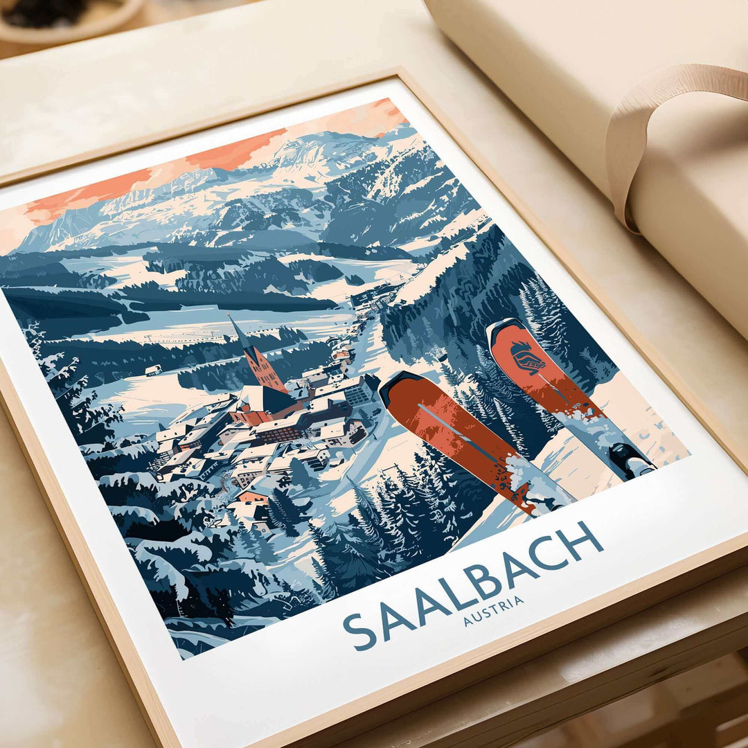 Saalbach Austria ski poster featuring scenic mountain village and skis, perfect for winter sports enthusiasts and decor lovers.