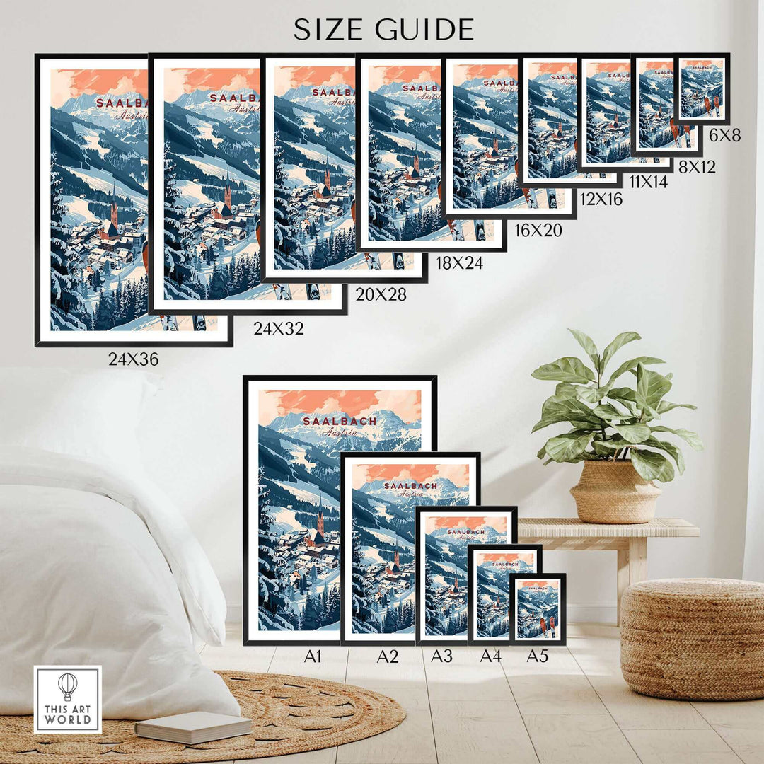 Various sizes of Saalbach Print Austria ski poster displayed in a room, showcasing scenic winter landscapes and mountain views.