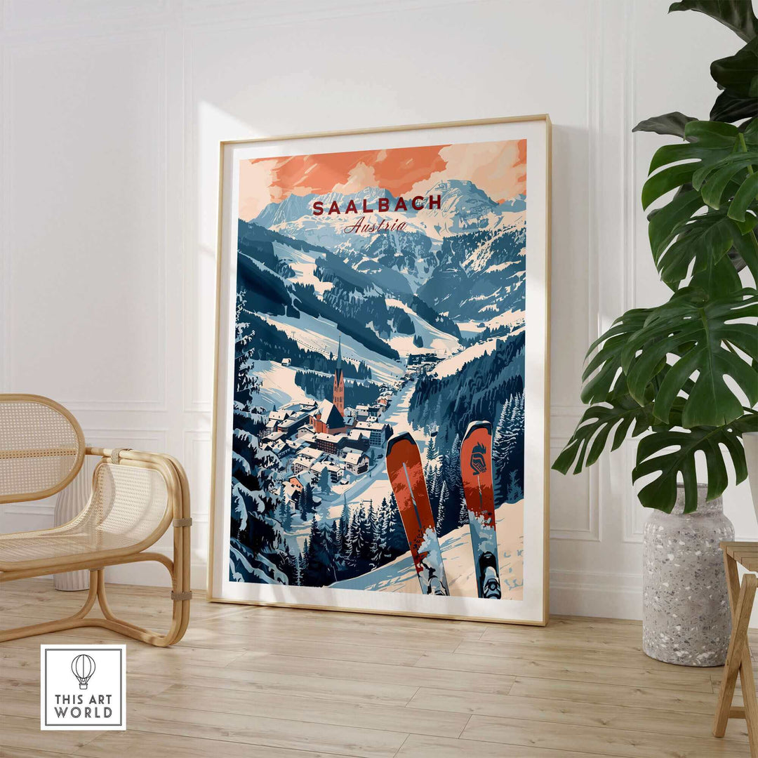 Saalbach Print Austria ski poster displayed in a stylish room, featuring snowy mountain scenery and colorful skis.