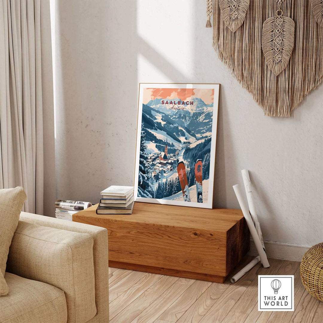 Saalbach Print Austria ski poster displayed in a cozy living room setting, featuring alpine scenery and art decor elements.