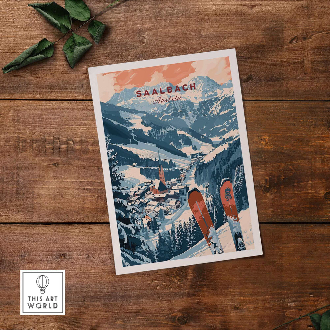 Vintage Saalbach Austria ski poster featuring scenic mountain landscape and skis, ideal for ski enthusiasts and art lovers.