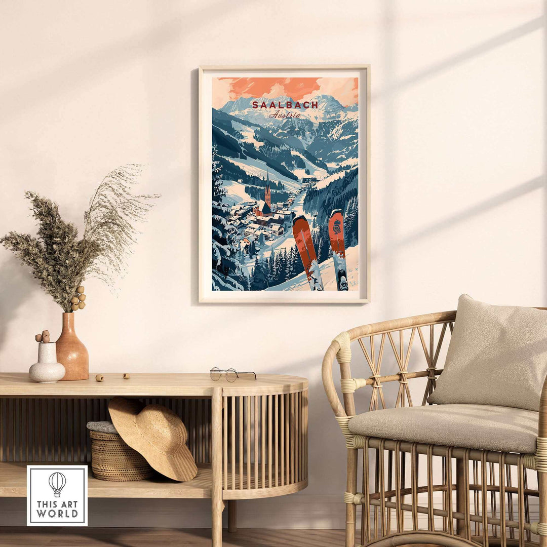 Saalbach Print Austria Ski Poster in modern living room setting with mountains and skis, enhancing decor with travel art.