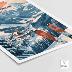 Saalbach Print Austria Ski Poster with vibrant village and mountains. Unique art piece for home or office decor.