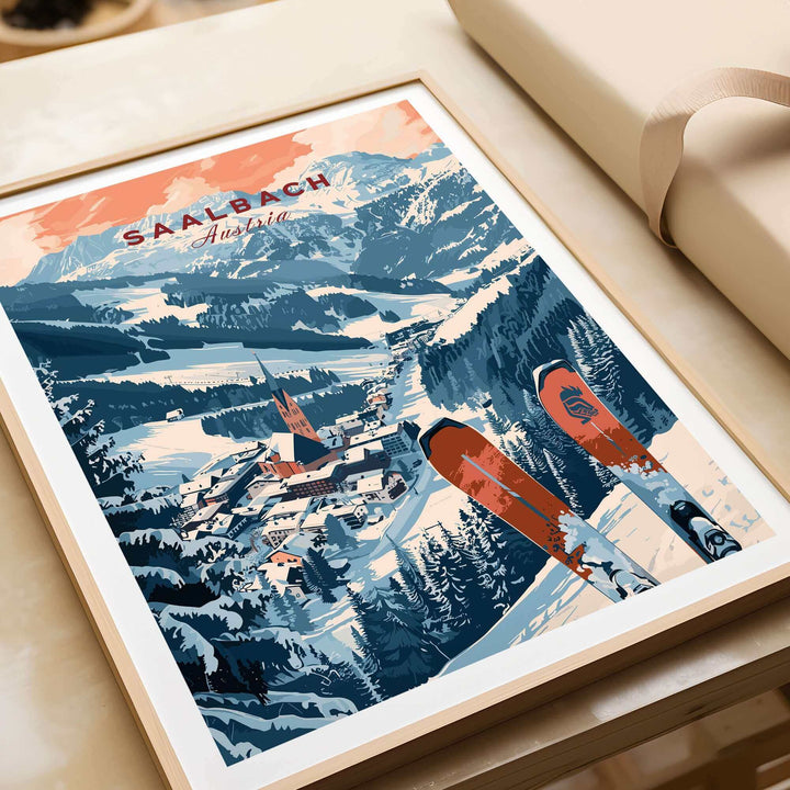 Saalbach Print Austria Ski Poster featuring a picturesque mountain village with skis, embodying an alpine winter wonderland.