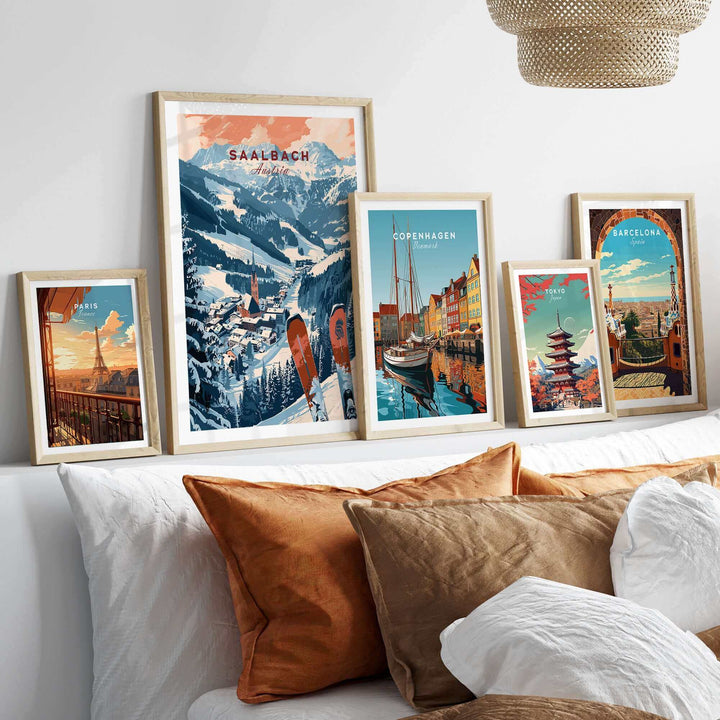 Saalbach ski poster print displayed in a modern room with other international destination prints.