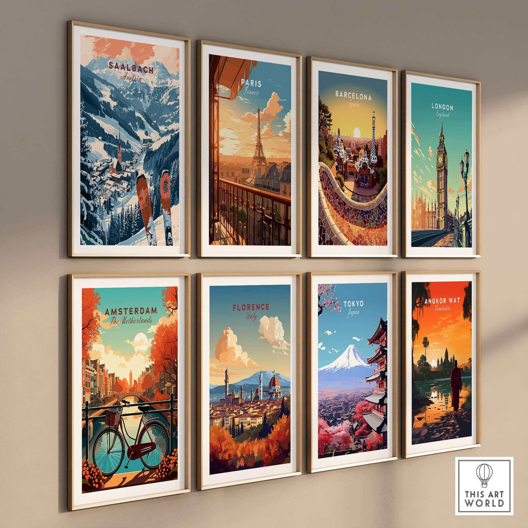 Vintage wall art featuring Saalbach, Paris, Barcelona, London, Amsterdam, Florence, Tokyo, and Angkor Wat posters, ideal ski decor.