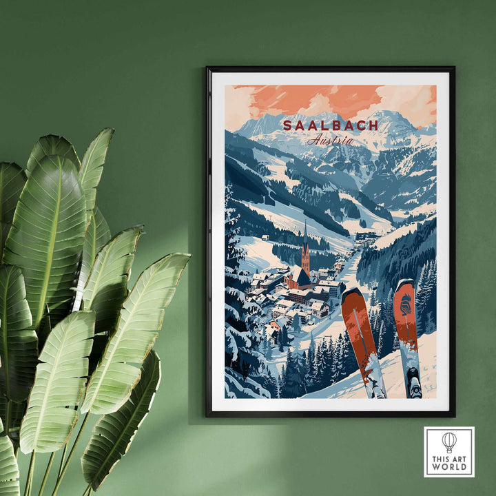 Saalbach Austria ski poster, framed wall art with snowy mountain scene and skis, perfect decor for ski enthusiasts.