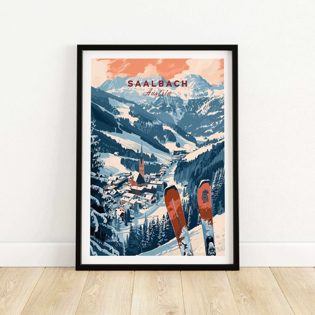 Saalbach Print Austria, featuring an artistic ski poster of a snowy mountain landscape with skis in the foreground.