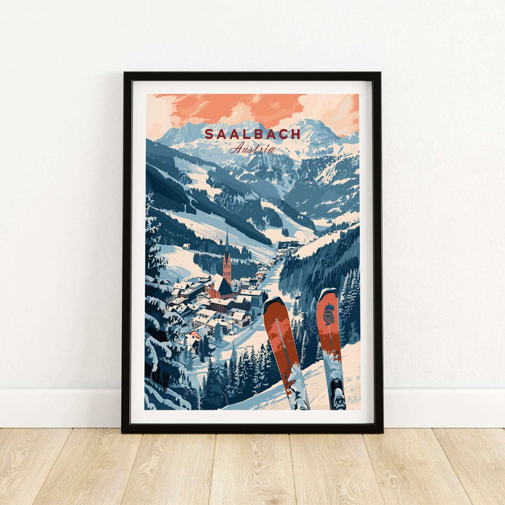 Saalbach Print Austria, featuring an artistic ski poster of a snowy mountain landscape with skis in the foreground.