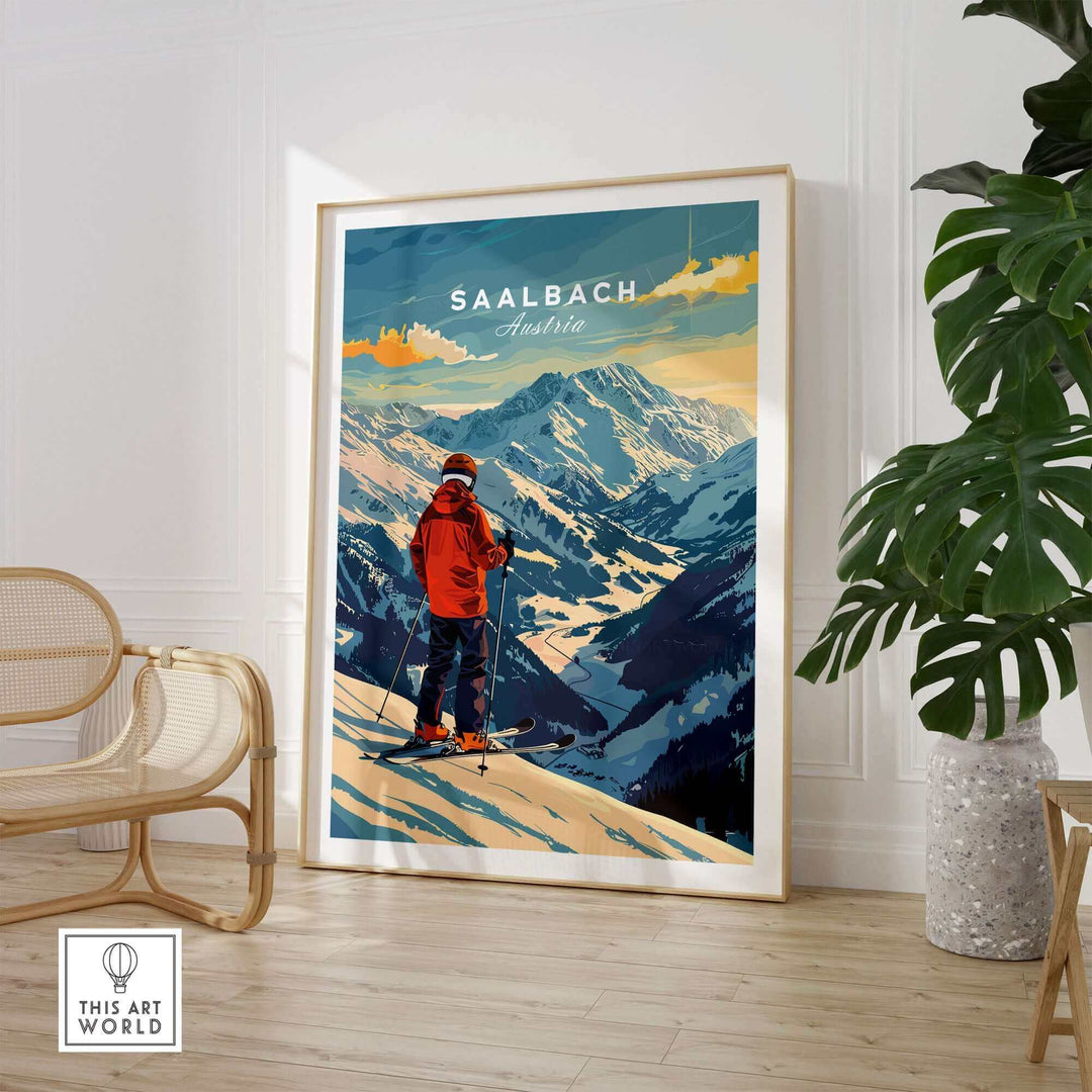 Ski Poster featuring Saalbach, Austria in a stylish frame, showcasing a skier with a scenic mountain backdrop. Perfect for home decor.