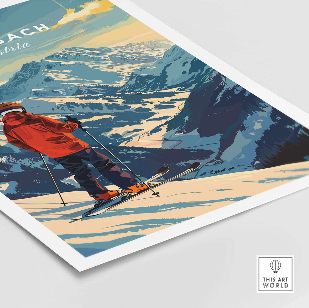 Saalbach Ski Poster featuring skier overlooking snowy Austrian mountain landscape.