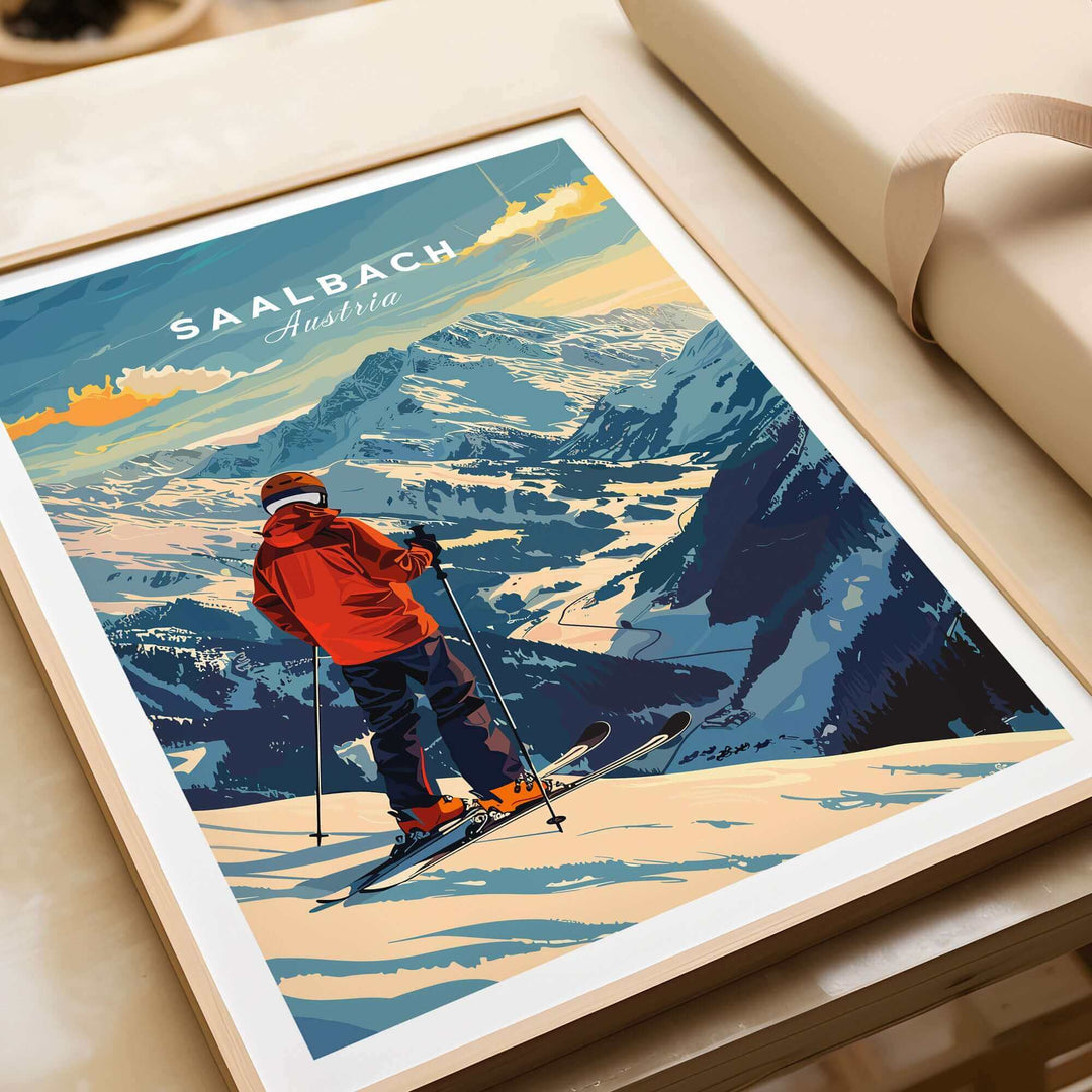 Saalbach Ski Poster featuring a skier overlooking snowy Austrian mountains, perfect winter decor and gift idea.