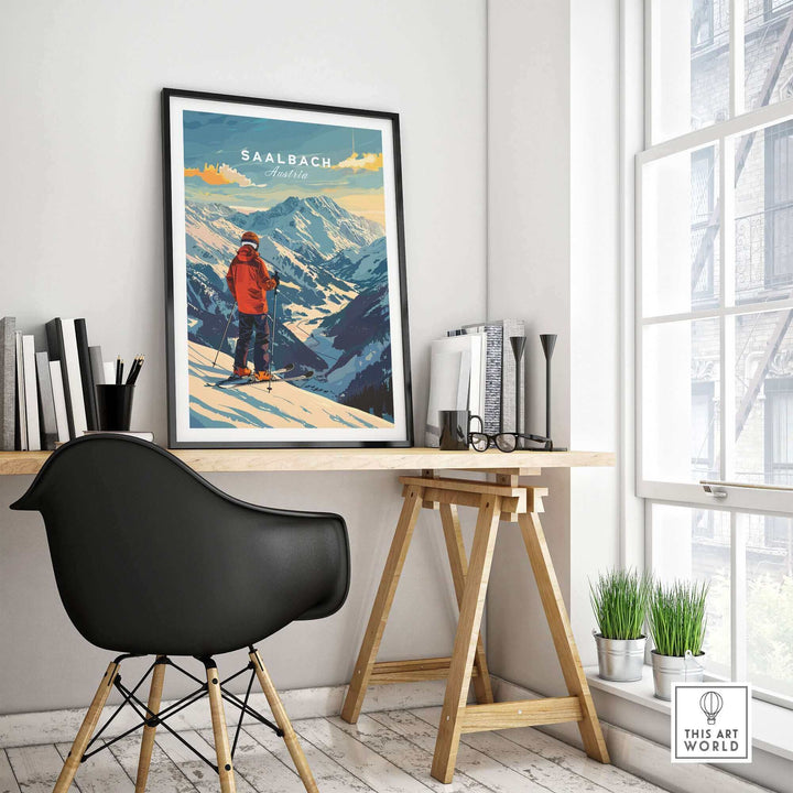 Saalbach Ski Poster displayed in modern room, highlighting Austrian winter landscape and skier.