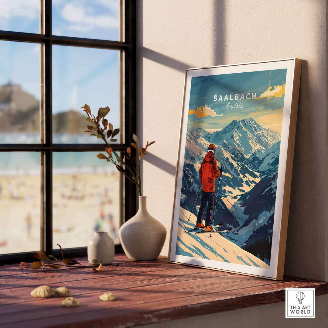 Ski Poster of Saalbach, Austria displayed in a bright room with mountain view, highlighting winter sports and nature.