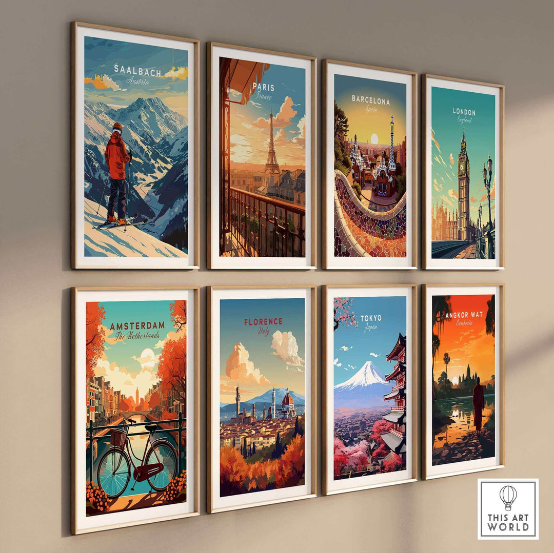 A collection of travel posters featuring Saalbach Ski Poster in Austria, alongside Paris, Barcelona, London, and other global destinations.