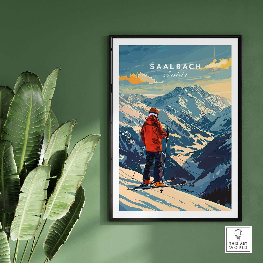 Vintage Saalbach Austria ski poster featuring skier in red jacket, scenic mountain landscape, framed art on wall with plants.