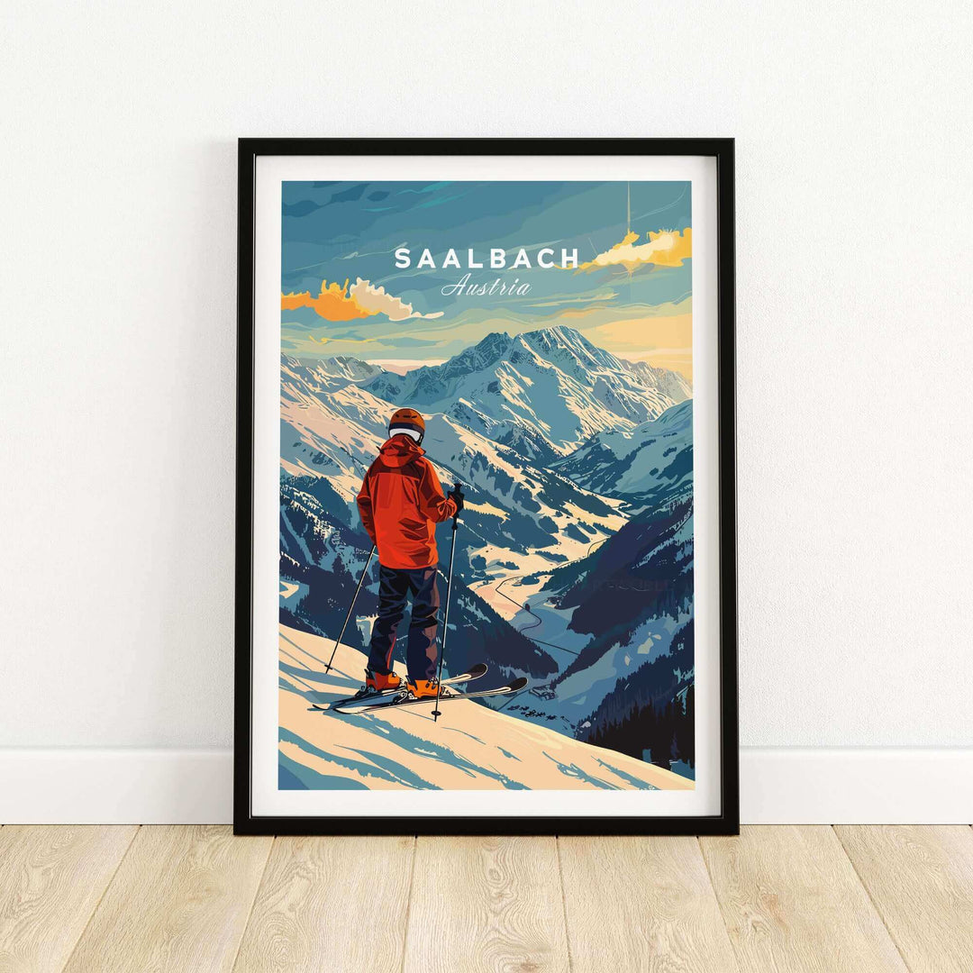 Vintage-style Saalbach Ski Poster featuring a skier overlooking snowy mountains in Austria, perfect for ski enthusiasts and home decor.