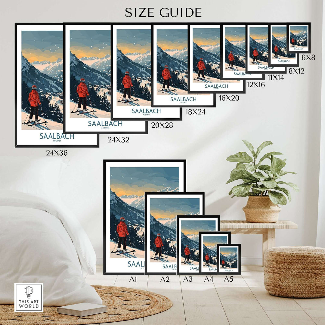 Saalbach Ski Print size guide showcasing various frame sizes against a stylish interior backdrop.