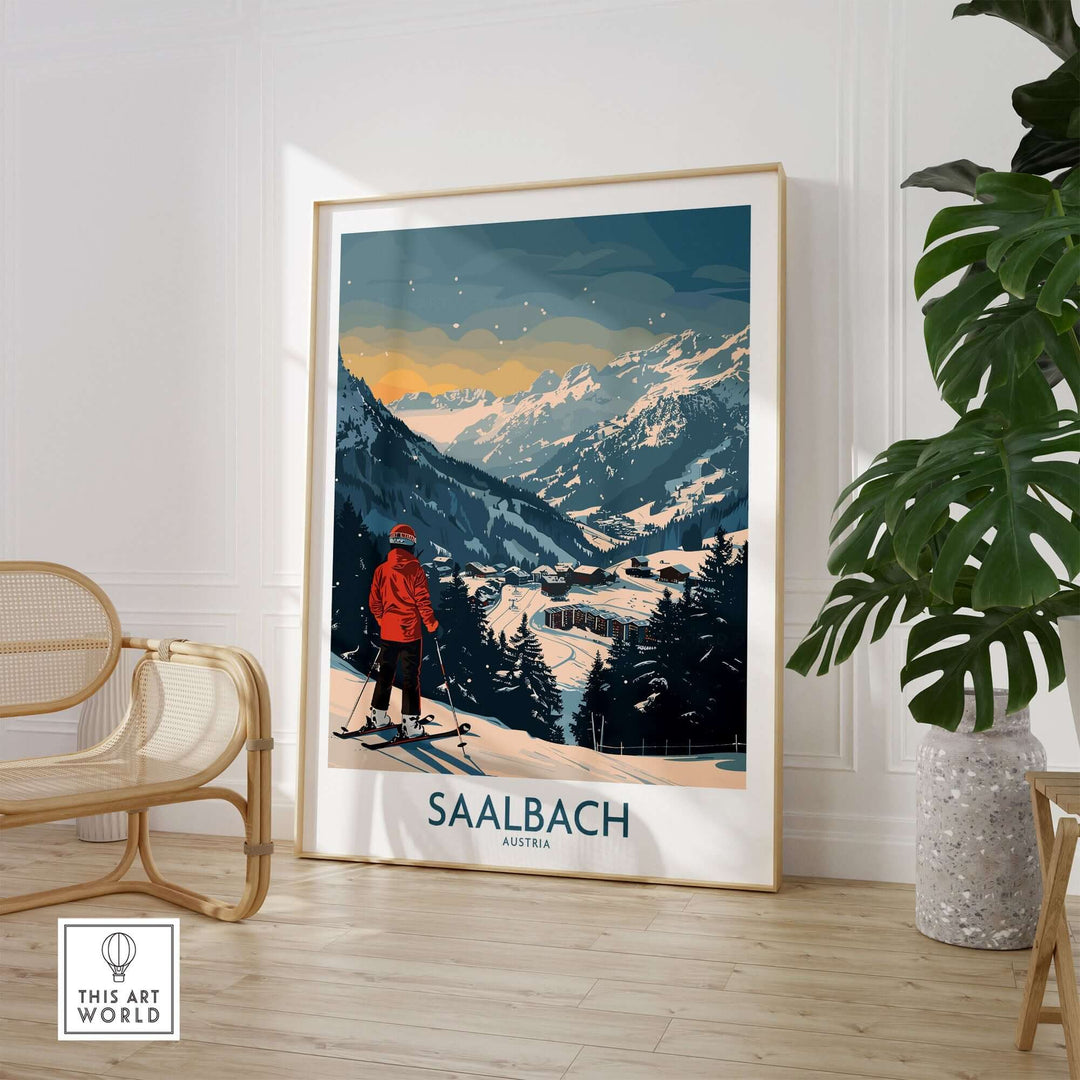 Saalbach Ski Print featuring a skier overlooking picturesque Austrian mountains, perfect for home or office decor.