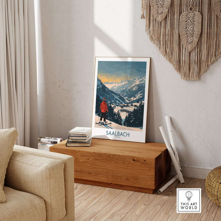 Saalbach Ski Print showcasing snowy mountains and a skier, perfect for home or office ski wall art decor.