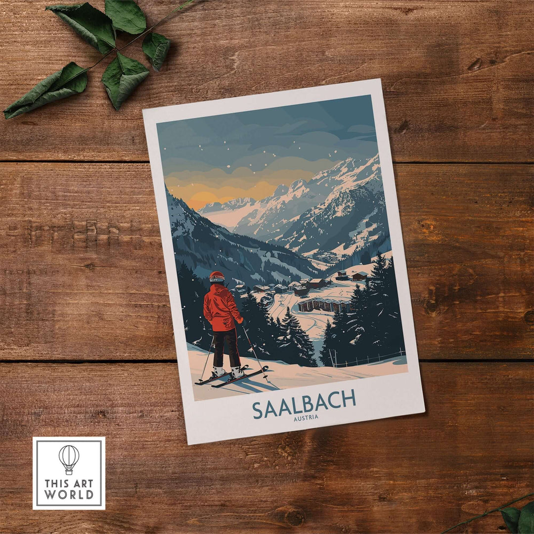 Saalbach Ski Print showcasing a skier in the Austrian mountains, perfect for ski enthusiasts and wall art lovers.