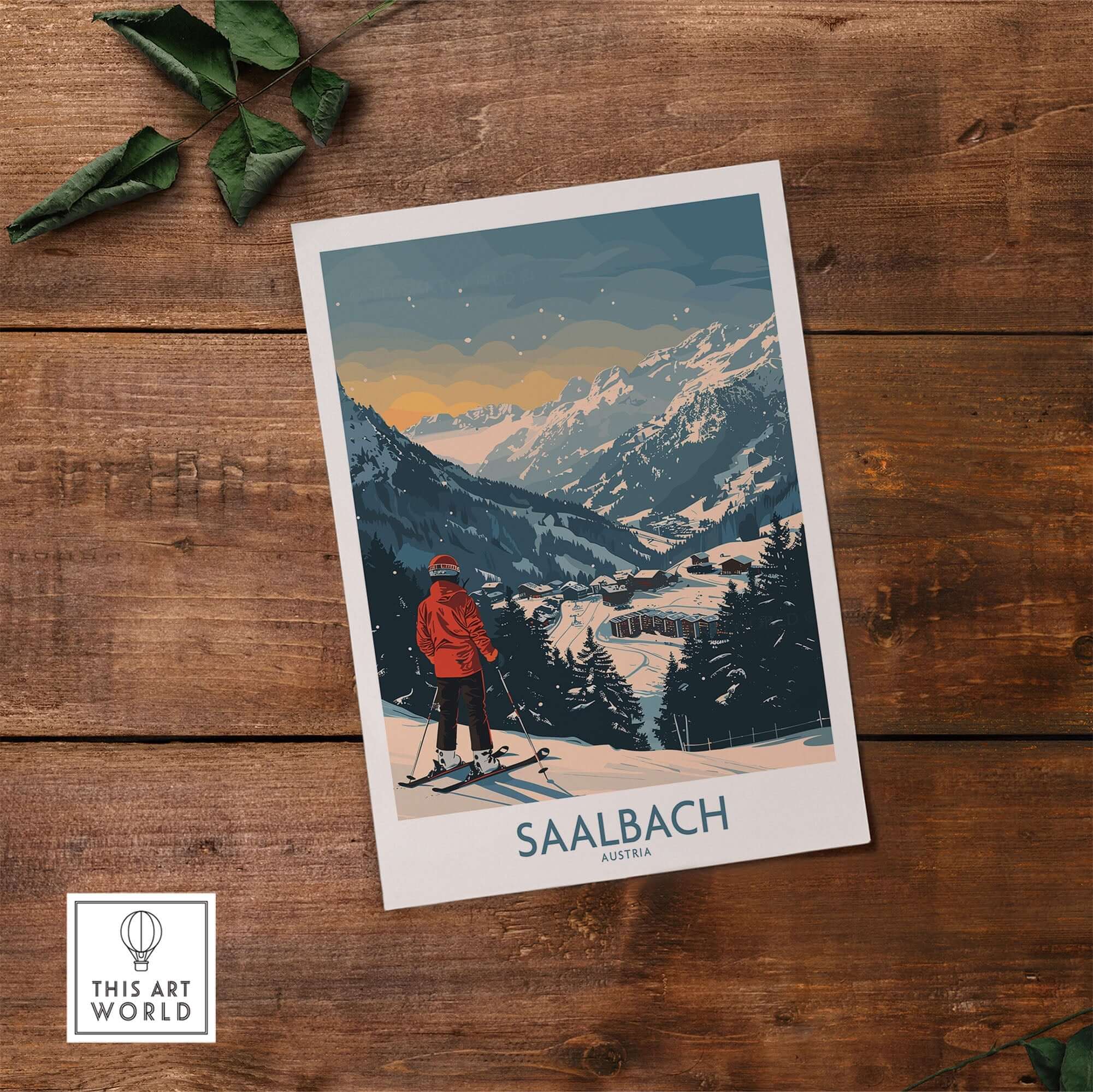 Saalbach Ski Print showcasing a skier in the Austrian mountains, perfect for ski enthusiasts and wall art lovers.