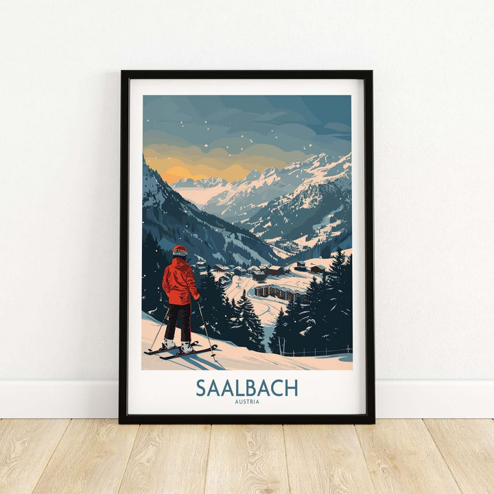 Saalbach Ski Print showcasing a skier in the Austrian mountains, capturing the beauty of winter sports and adventure.