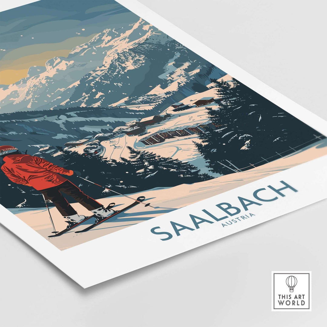 Vintage Saalbach ski print featuring a skier in the Austrian mountains, perfect for adventure lovers' home decor.