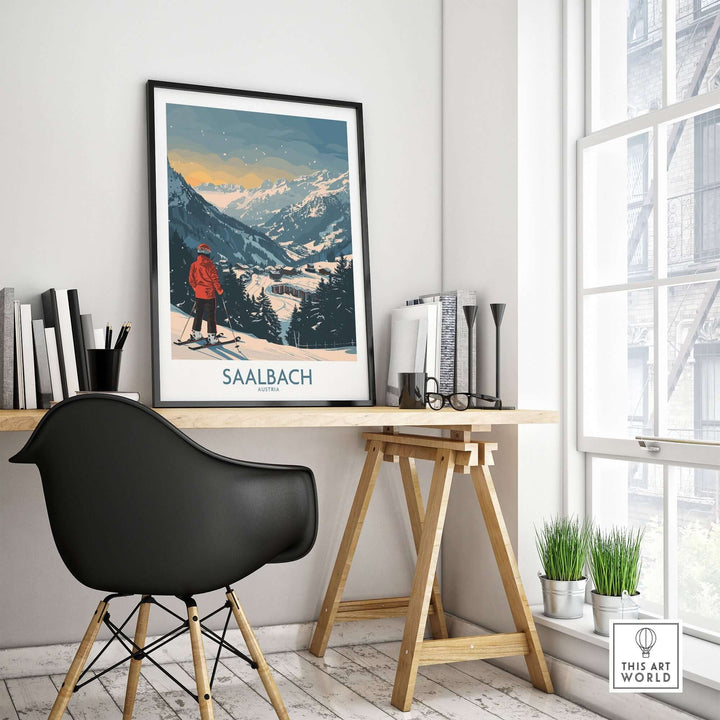 Saalbach ski print displayed in a modern office setting, showcasing Austria's stunning mountain landscape.